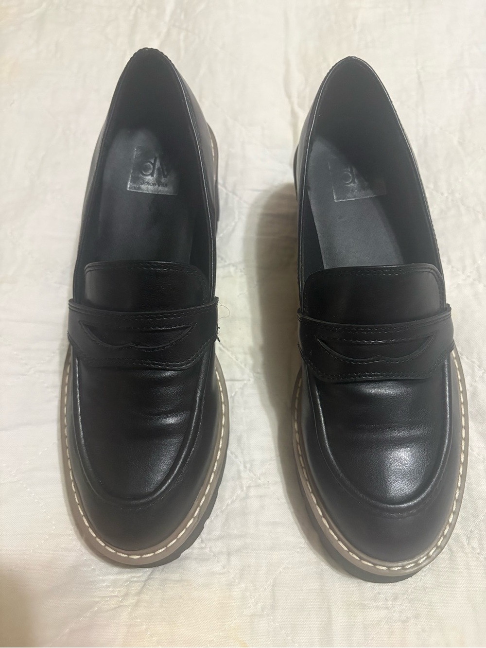 Dolce Vita Black Leather Penny Loafers with Tan Welt